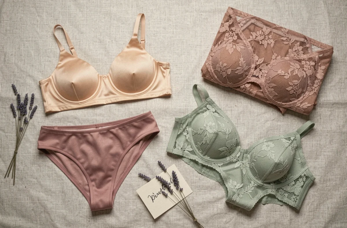 Flat lay de lingerie féminine tendance en tons pastel sur fond lin, incluant bralette, culotte taille haute et body en dentelle