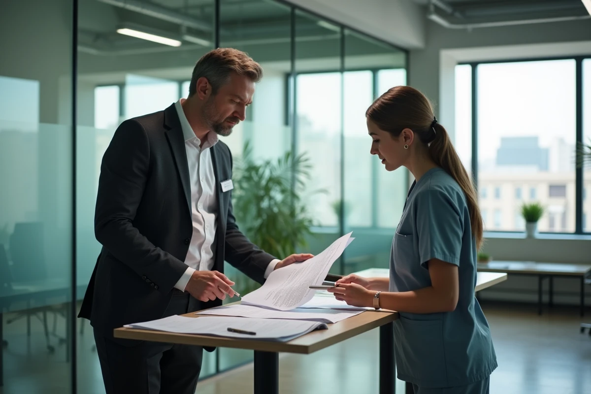 Professionnel de santé et administrateur médical collaborant sur l'optimisation de leur activité dans un bureau de gestion médicale