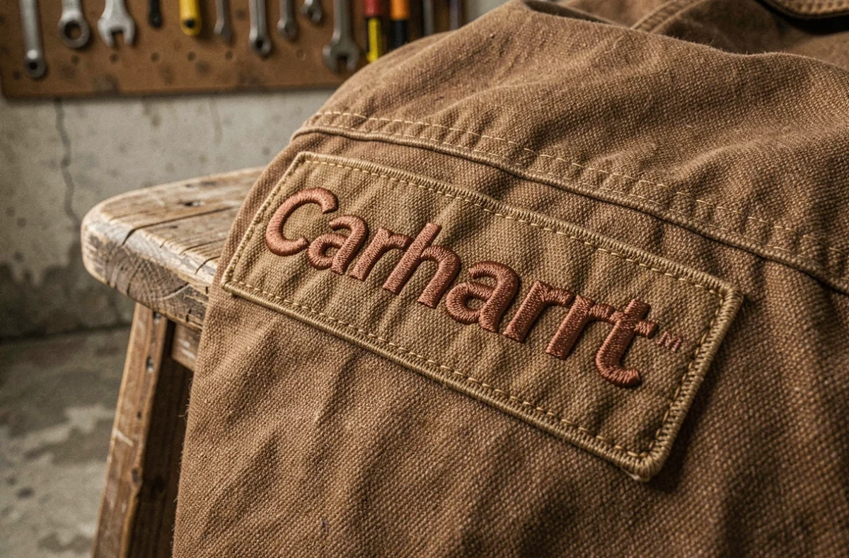 Gros plan du patch logo Carhartt original sur une veste en toile épaisse, montrant la qualité de broderie caractéristique des articles authentiques