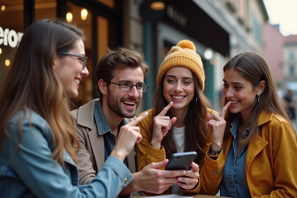 Groupe de fans divers discutant devant un café urbain