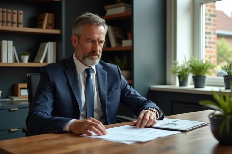 Homme d'affaires en costume navy dans un bureau moderne