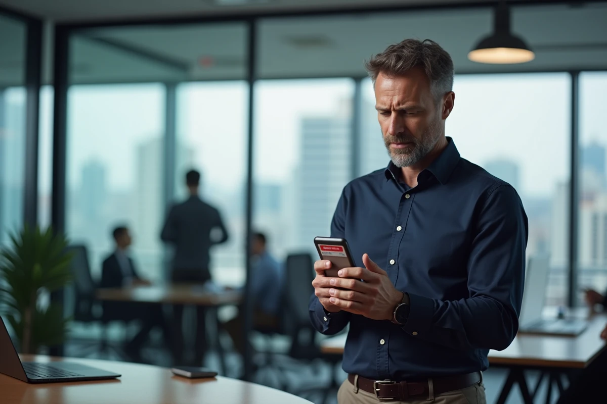 Homme en bureau moderne examinant une page web frauduleuse sur son smartphone pour détecter une arnaque