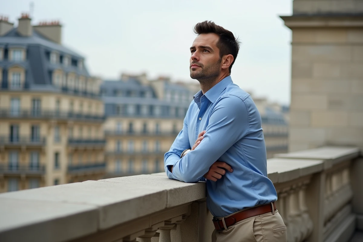 Homme en chemise bleue sur une terrasse parisienne