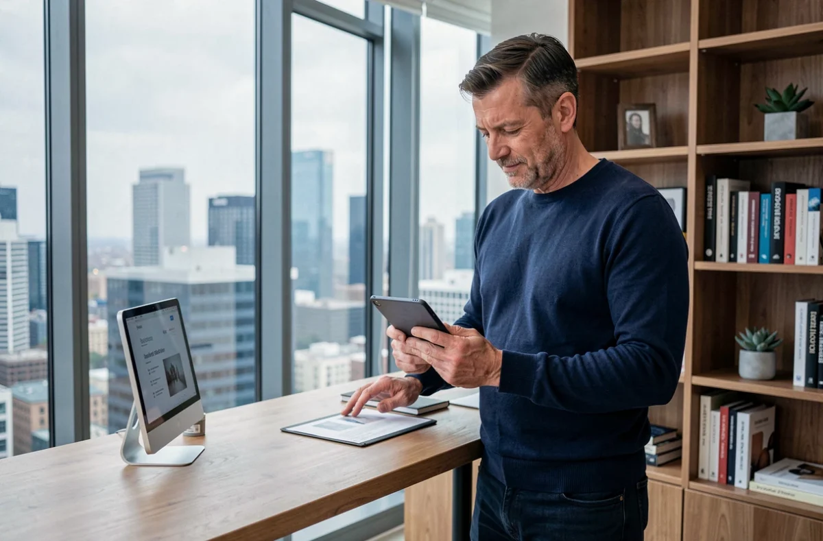 Homme d'affaires consultant une interface web responsive sur tablette dans un bureau à domicile moderne