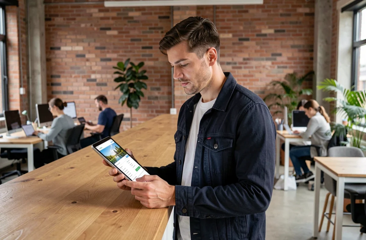 Homme consultant un site de planification de voyage sur tablette dans un espace de travail moderne