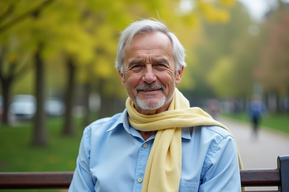 Homme en chemise bleue et foulard dans un parc printanier