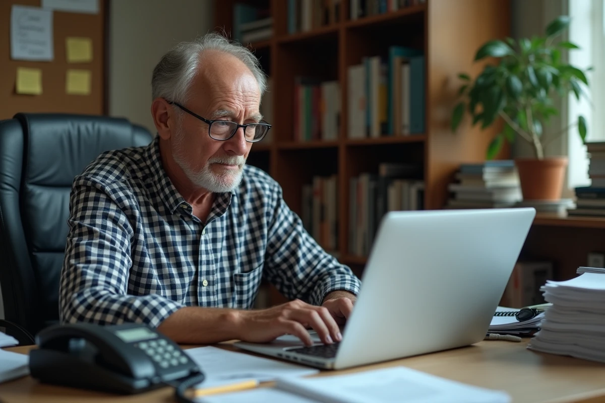 Homme âgé vérifiant sur son ordinateur les arnaques liées aux numéros de téléphone commençant par 05