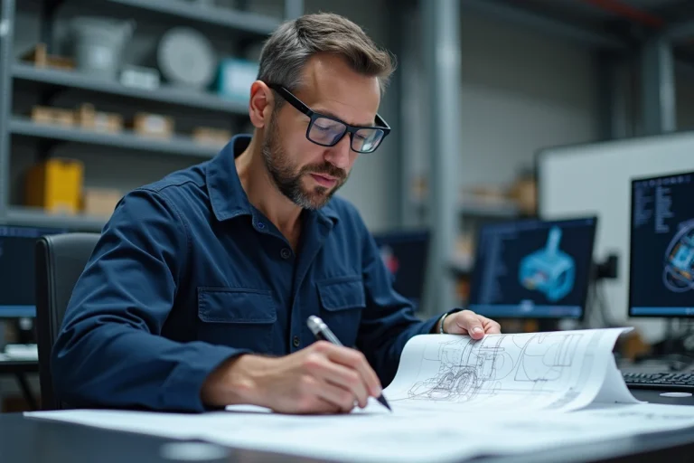 Ingénieur en combinaison examinant des dessins techniques