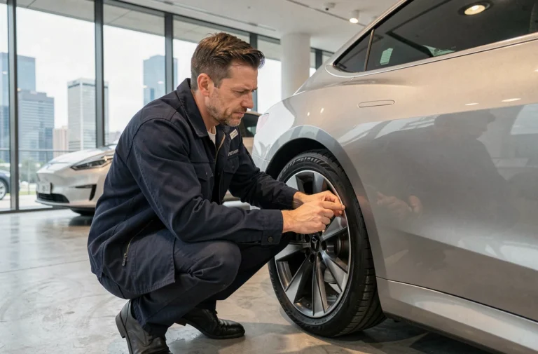 Ingénieur automobile inspectant une berline électrique dans un showroom moderne en 2024