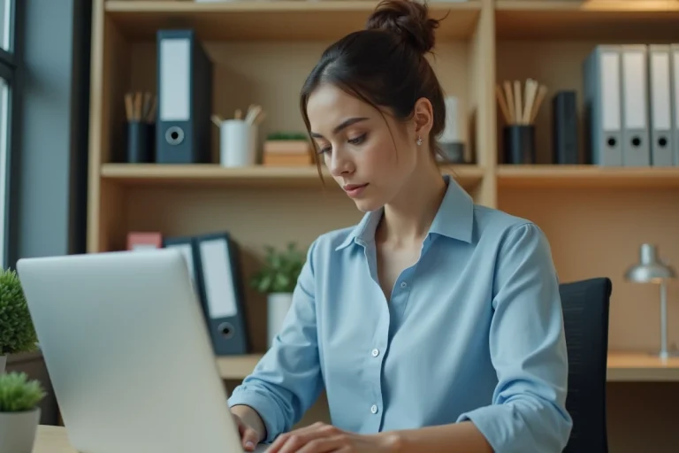 Jeune femme en blouse bleue travaillant sur un ordinateur dans un bureau