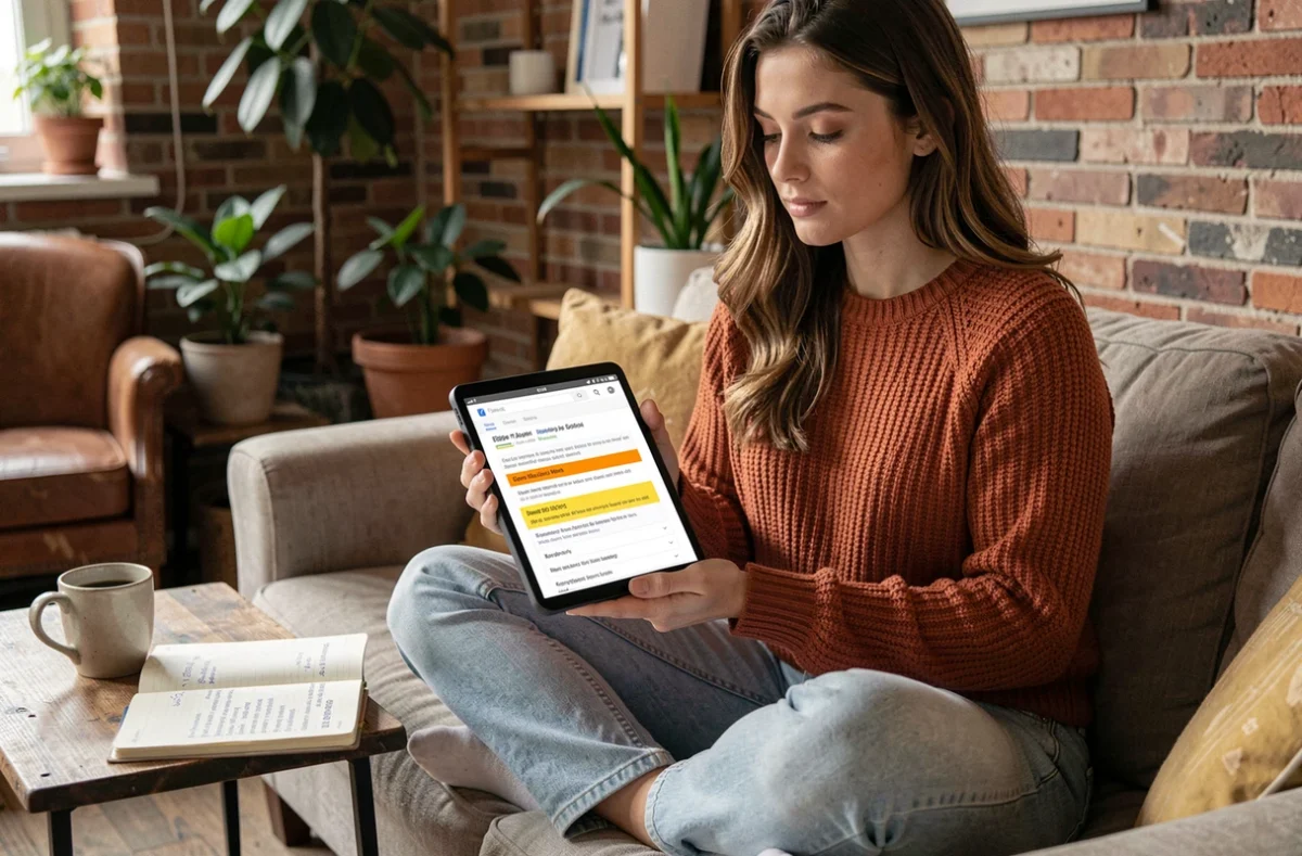 Jeune femme prenant des notes sur une stratégie SEO avec une tablette et un cahier dans un studio créatif