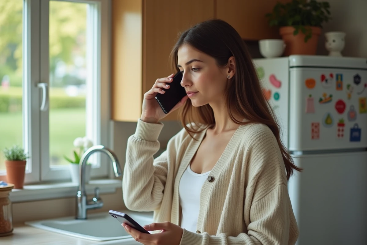 Jeune femme écoute un message vocal avec son smartphone dans la cuisine