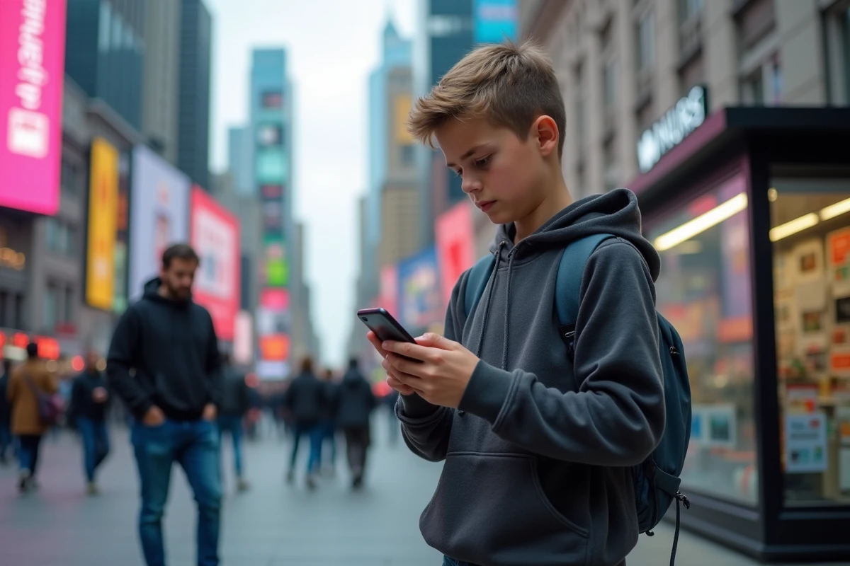 Jeune homme dans la ville regardant son smartphone