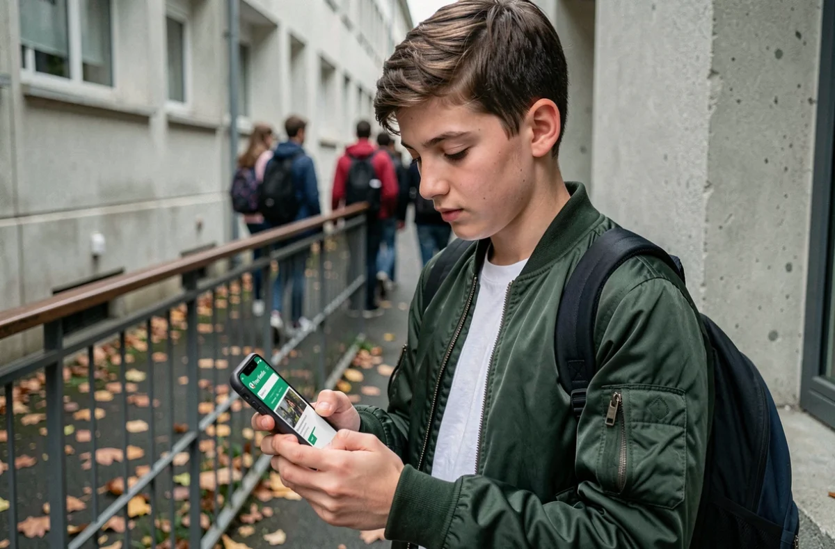 Adolescent consultant le site Free Mobile sur son téléphone devant l'entrée de son lycée