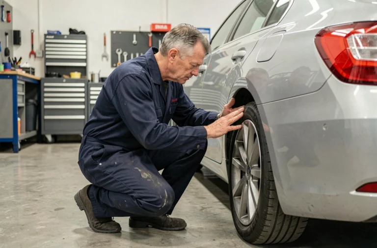 Mécanicien automobile professionnel inspectant une voiture dans un garage moderne bien équipé