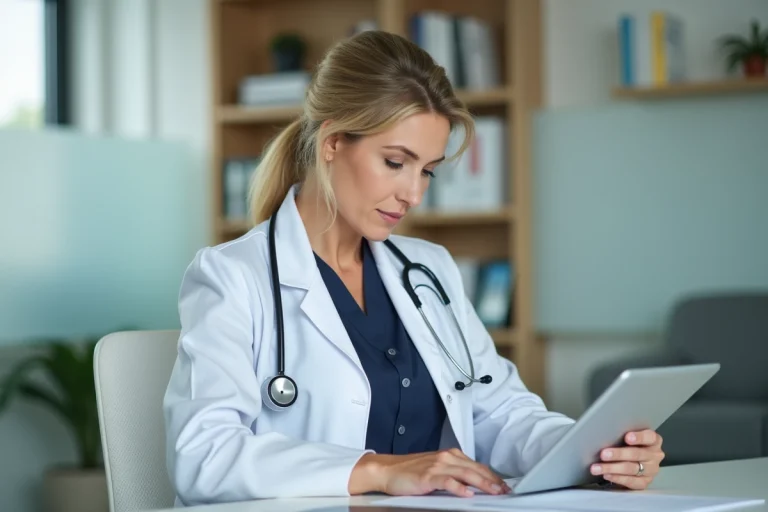 Médecin généraliste femme consultant des services dédiés aux professionnels de santé sur une tablette dans son cabinet médical moderne