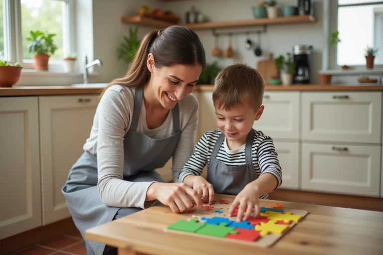 Mère et enfant assembler un puzzle ensemble dans une cuisine familiale authentique