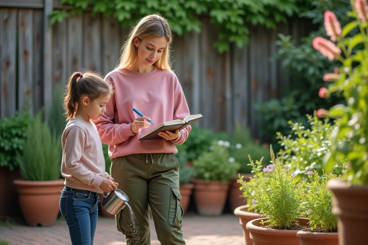Mère et fille jardinent ensemble en plein air dans un jardin familial verdoyant