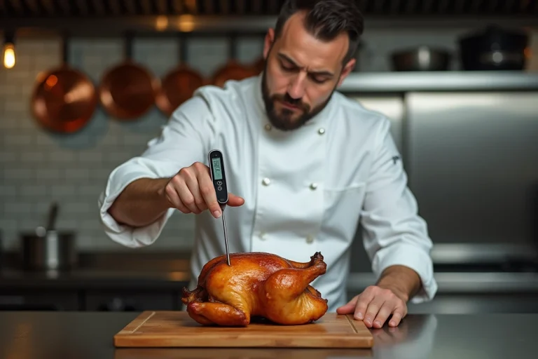 Chef professionnel mesurant la température interne d'un poulet rôti avec un thermomètre à sonde instantané en cuisine professionnelle