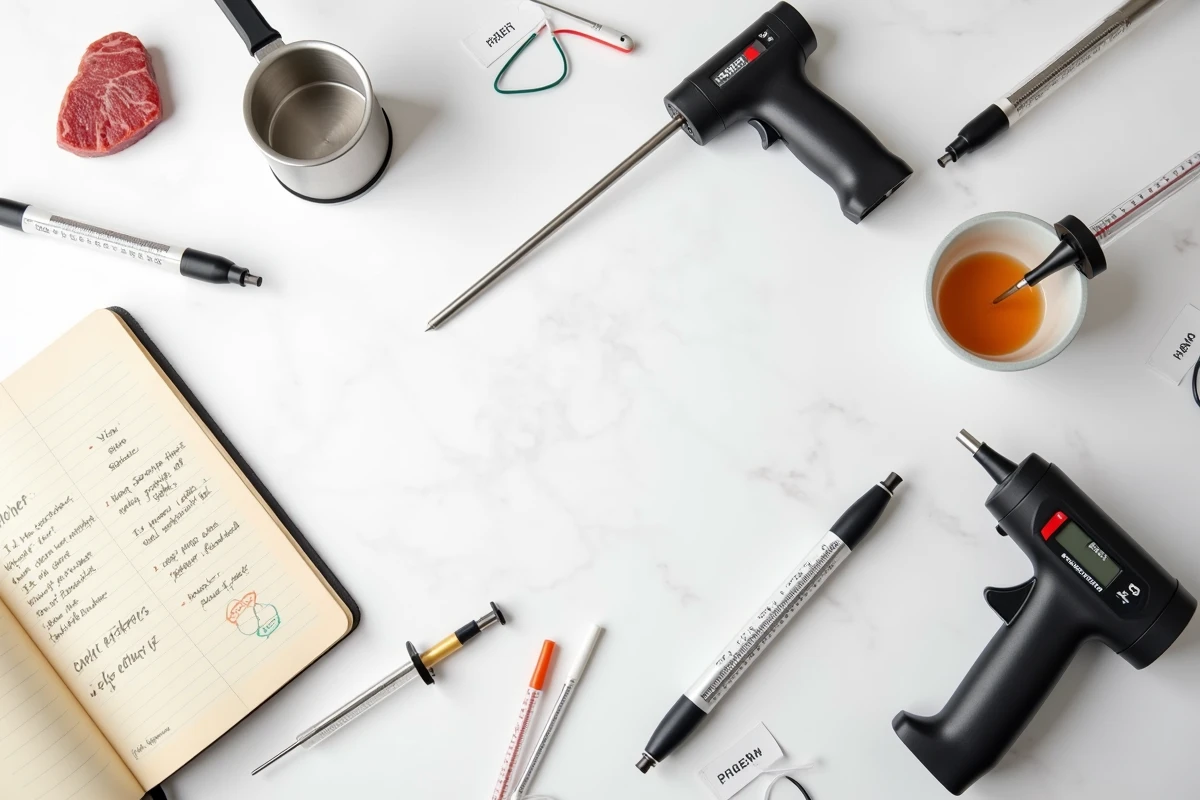 Vue de dessus de différents outils de mesure de température alimentaire disposés sur un plan de travail en marbre blanc, incluant thermomètres à sonde, infrarouge et à bonbons