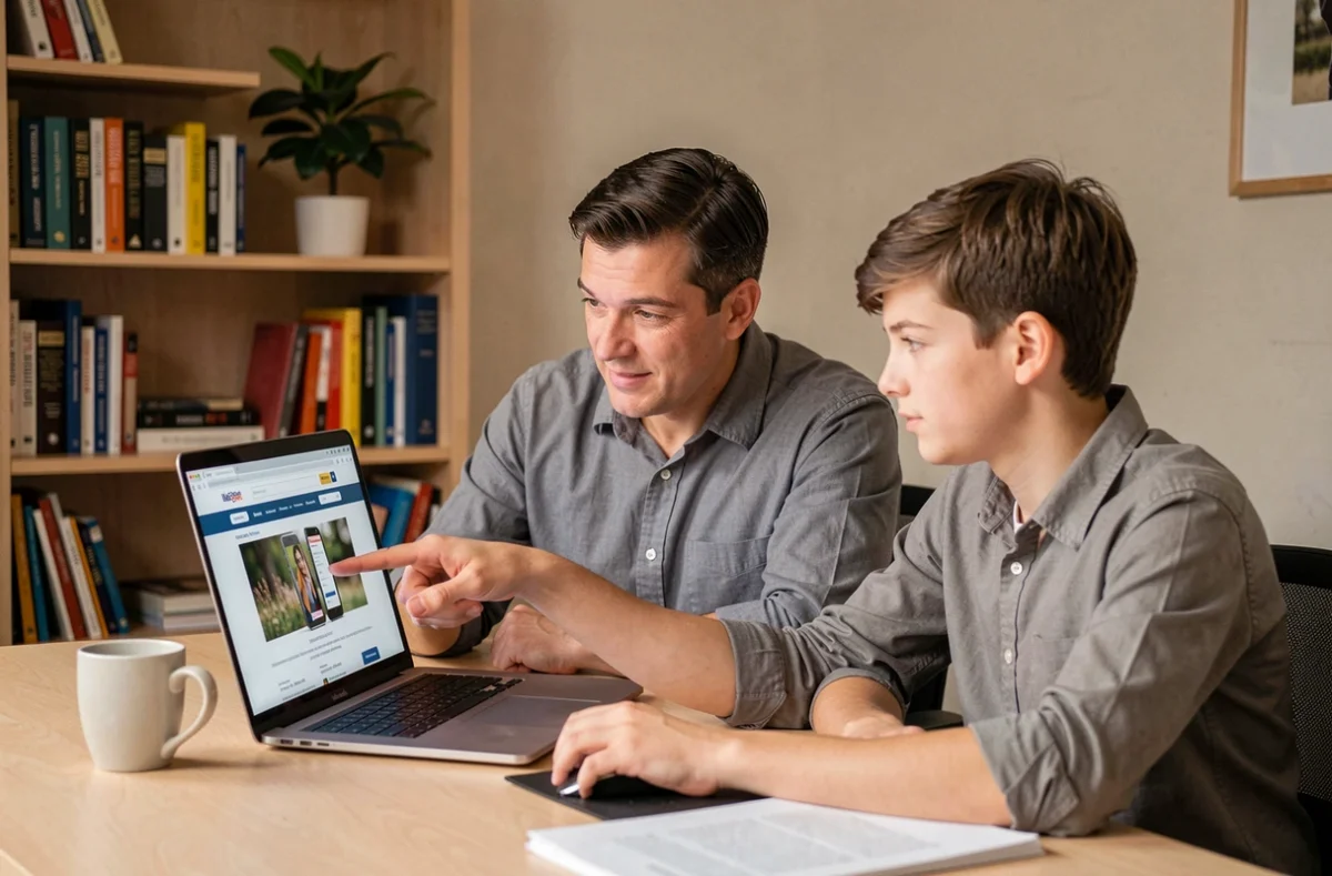 Père et fils adolescent comparant les forfaits mobiles Free sur un ordinateur portable à la maison