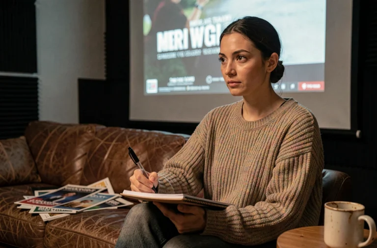 Passionnée de cinéma prenant des notes devant un écran de projection dans une salle de cinéma à domicile