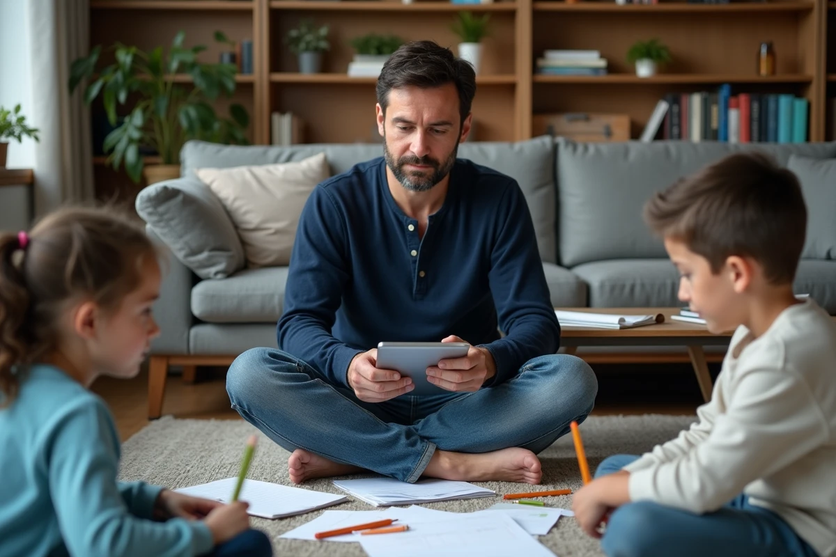 Père aidant ses enfants à faire leurs devoirs dans un salon familial organisé