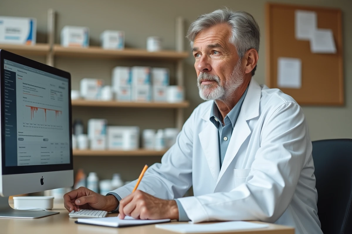 Pharmacien professionnel utilisant un logiciel de gestion dédié aux professionnels de santé pour optimiser son officine
