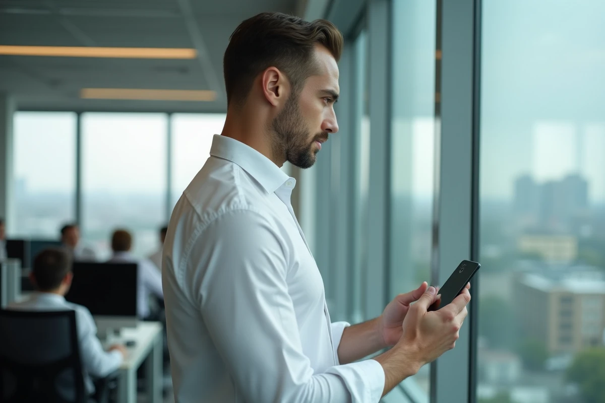 Jeune professionnel en bureau recevant un appel téléphonique douteux d'un numéro 05 et réagissant avec méfiance