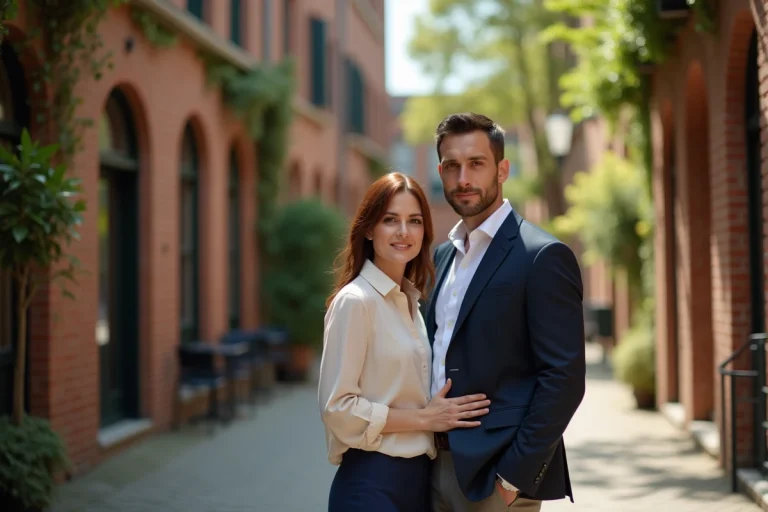 Portrait en extérieur d'un couple élégant dans la quarantaine, homme athlétique et femme aux cheveux auburn, devant un mur de briques recouvert de lierre dans une cour urbaine