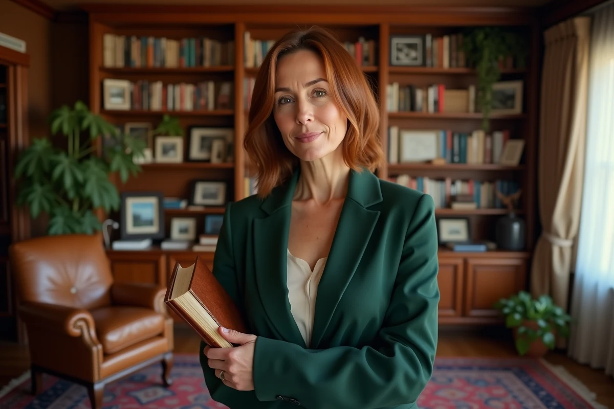 Portrait intimiste d'une femme élégante dans la quarantaine dans une bibliothèque chaleureuse, tenant un livre, entourée d'étagères en bois garnies d'ouvrages d'art