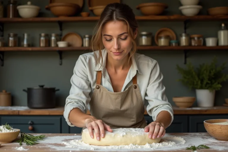 Femme préparant de la pâte à pasta maison sur un plan de travail en bois rustique dans une cuisine familiale chaleureuse