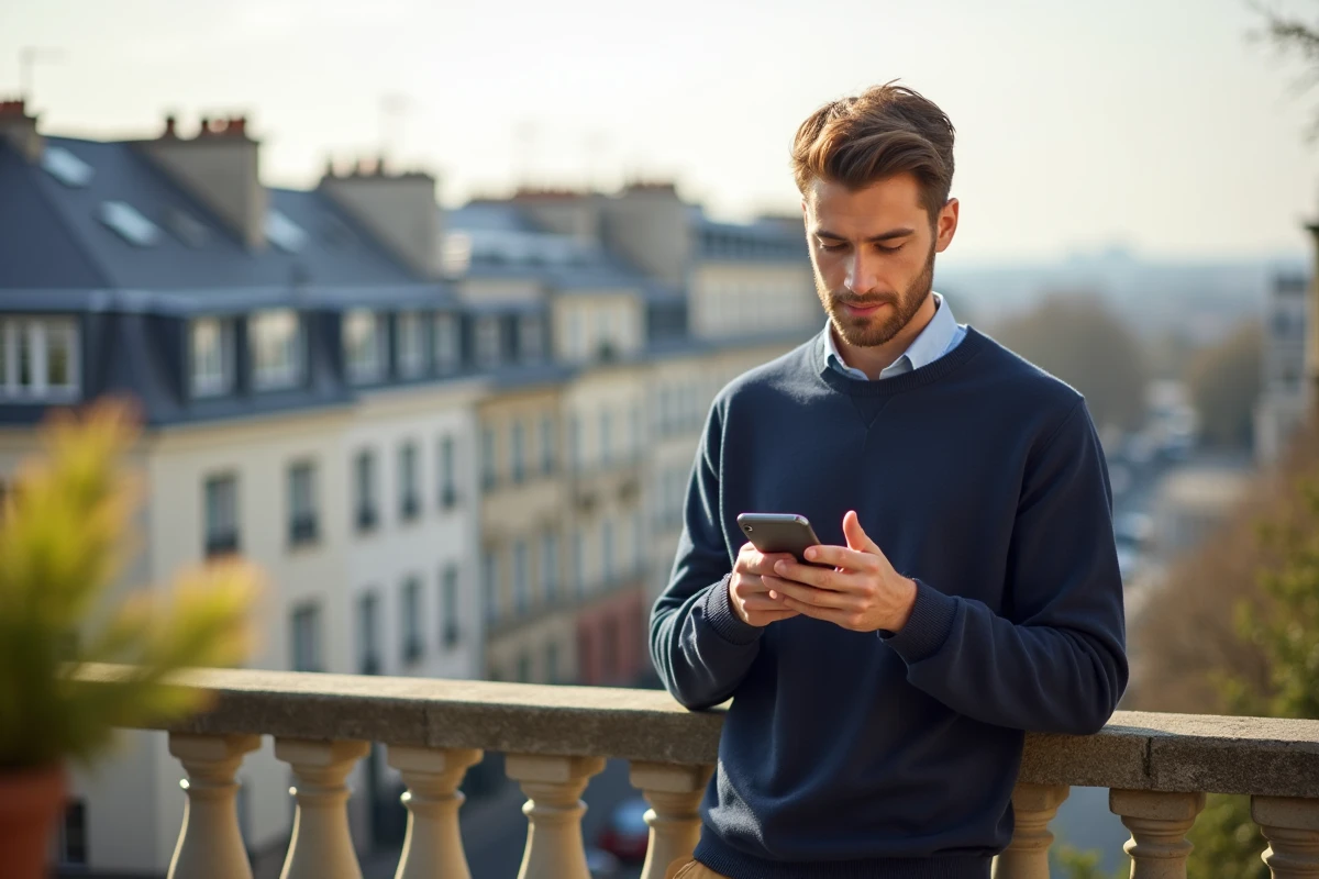 Jeune homme recherchant une location immobilière sur son smartphone depuis un balcon urbain