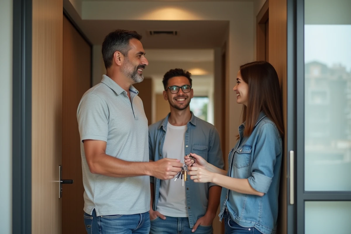Propriétaire remettant les clés d'un appartement à un jeune couple de locataires