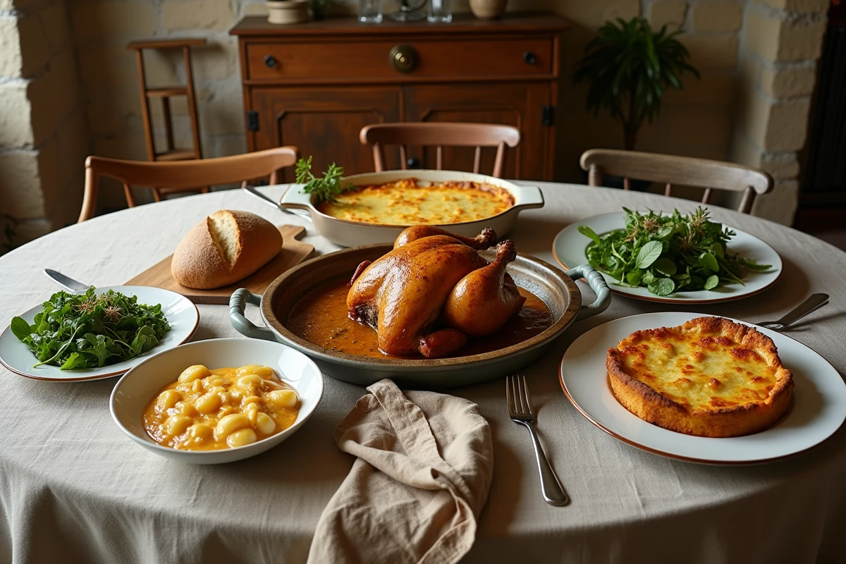 Repas familial gourmand avec poulet rôti et gratin dauphinois sur une table en lin dans une salle à manger de style campagne française