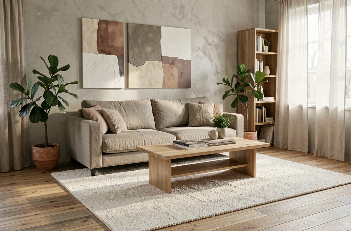 Salon scandinave moderne avec canapé en lin gris beige, table basse en chêne clair et plantes vertes pour une décoration intérieure tendance