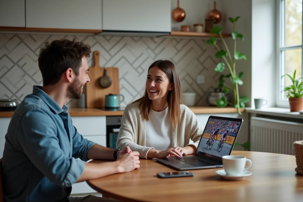 Deux amis regardant une course cycliste en streaming sur un ordinateur portable dans une cuisine