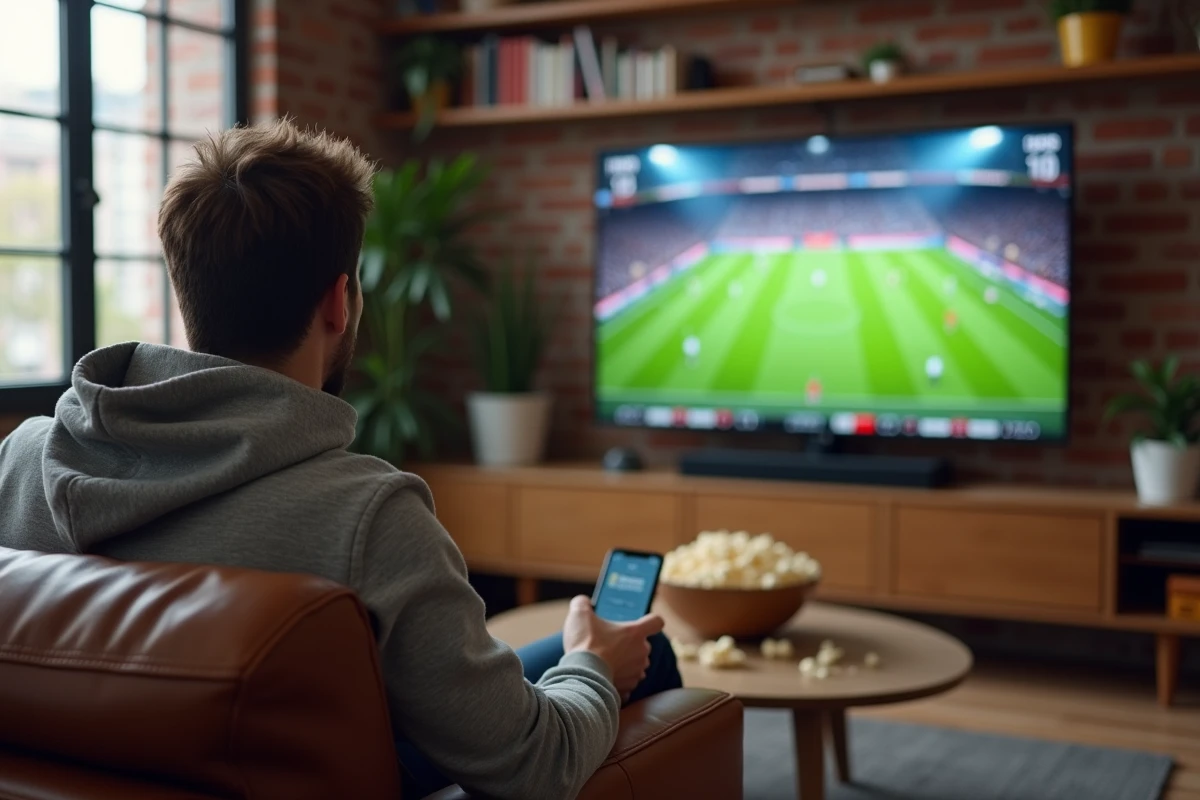 Homme regardant un match de football en streaming sur sa télévision dans un appartement moderne