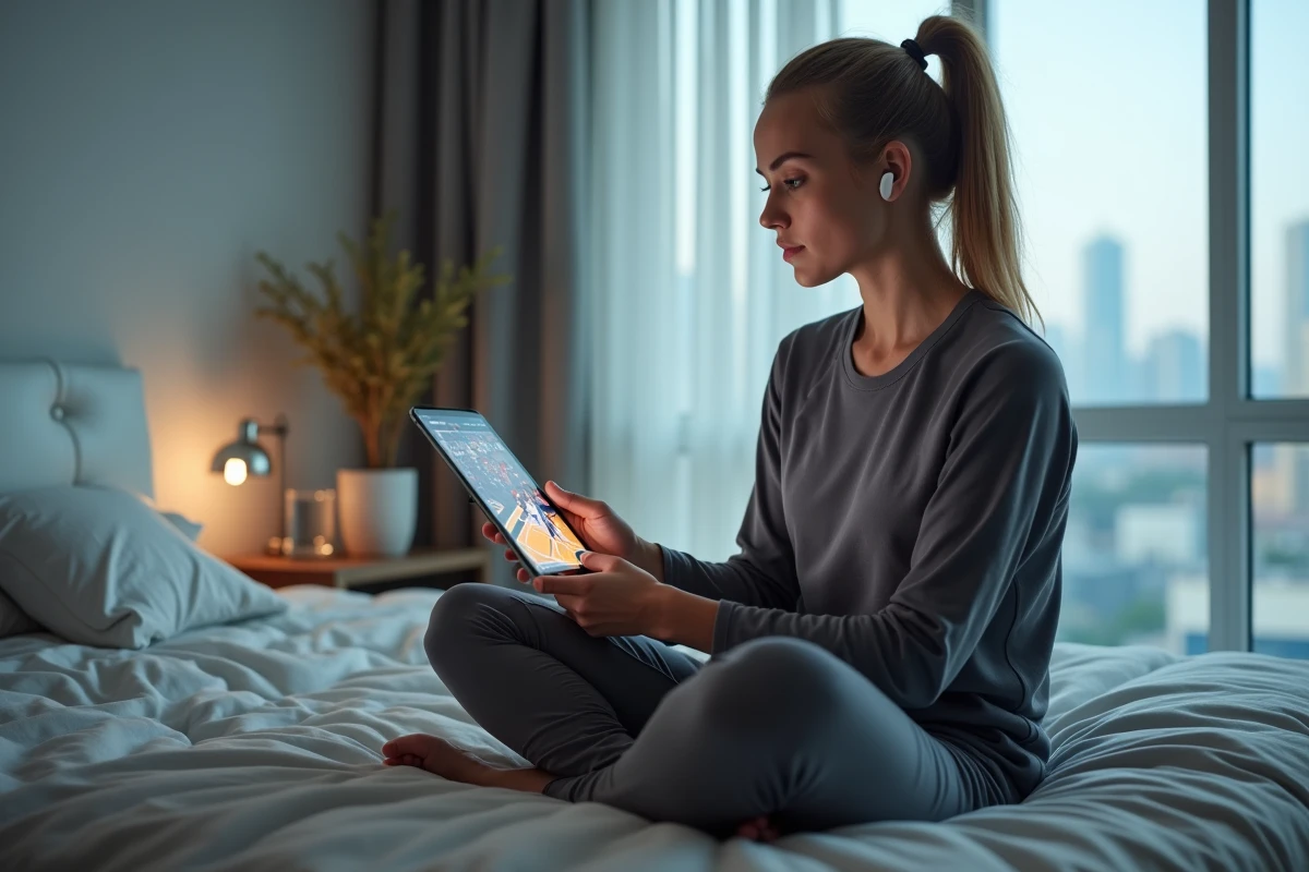 Femme regardant un match de basket en streaming sur tablette dans sa chambre
