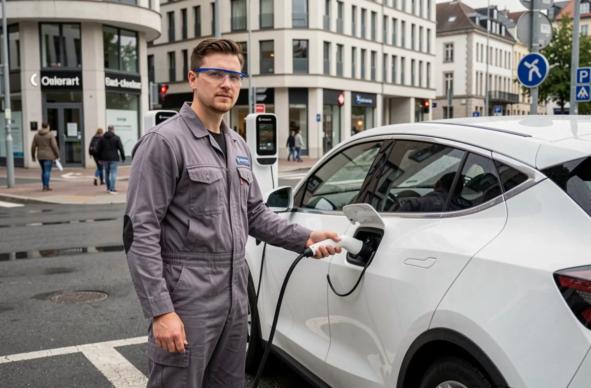 Technicien branchant un câble de recharge rapide sur une voiture électrique dans un parking urbain