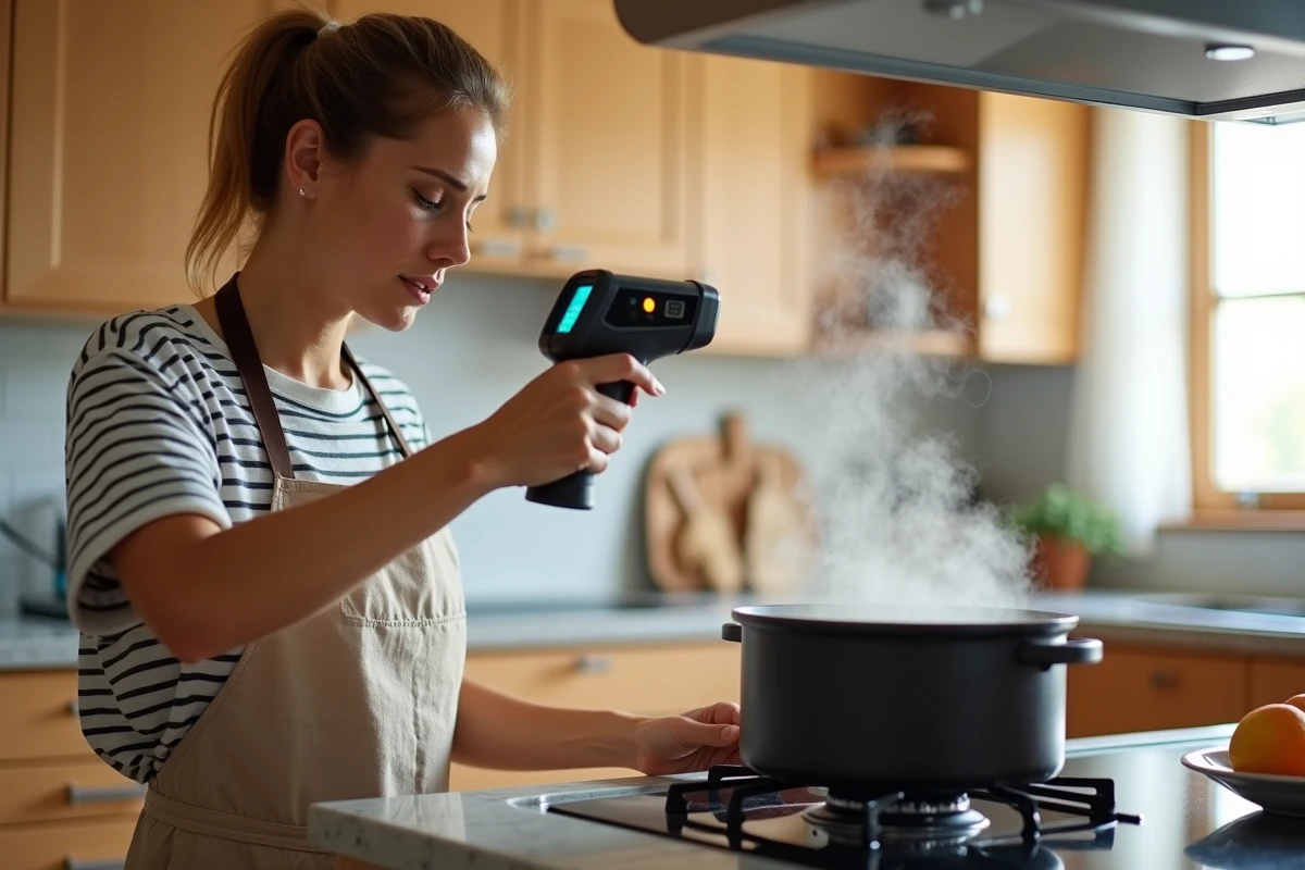 Femme utilisant un thermomètre infrarouge sans contact pour mesurer la température d'une soupe dans une cuisine domestique moderne