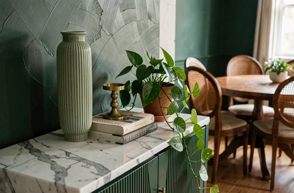 Vignette décorative tendance sur buffet en marbre avec vase en céramique vert sauge, livres et plante pothos dans salle à manger aux murs vert foncé