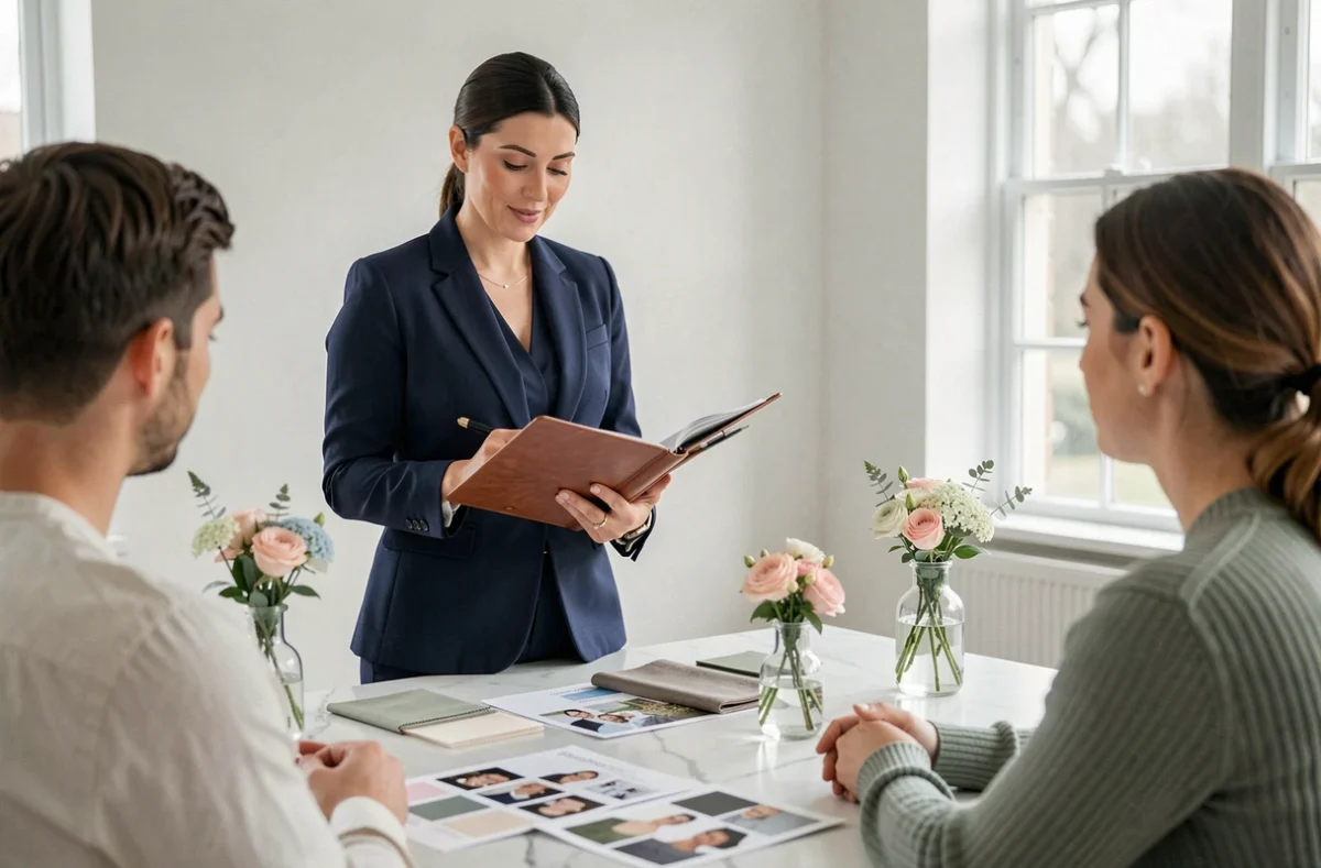 Wedding planner professionnelle présentant des idées de décoration à un couple lors d'une consultation de mariage